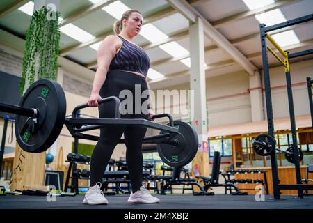 Engagierte junge Frau, die im Fitnessstudio Gewichte trainiert Stockfoto