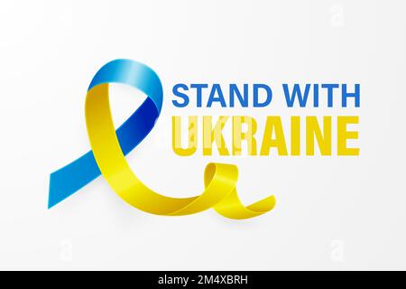 Stehe mit der Ukraine. Anti war Call mit dem Smbol des Friedens mit blauem und gelbem Seidenband. Farben Der Ukrainischen Flagge. Kampf, Protest, Unterstützung Der Ukraine Stock Vektor