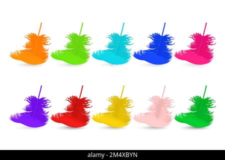 Vector 3D realistisches mehrfarbiges flauschiges Federset, isoliert auf weißem Hintergrund. Designvorlage für Flamingo, Angel, Vogelfedern Stock Vektor