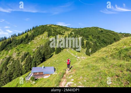 Deutschland, Bayern, Wanderer auf dem Weg zum Gipfel des Hirschbergs Stockfoto