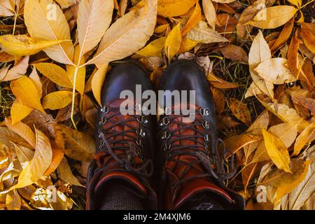 Stiefel einer Person, die auf heruntergefallenen Blättern steht Stockfoto