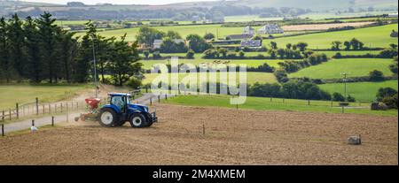 County Cork, Irland, 20. August 2022. Ein blauer Traktor sät an einem Sommertag in Irland ein gepflügtes Feld. Landwirtschaftliche Arbeiten auf einem irischen Hof, Landschaften. Stockfoto