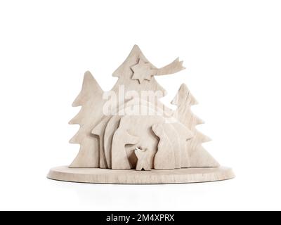 3D-Wiedergabe der einheimischen Weihnachtsszene aus Holz auf weißem Hintergrund Stockfoto