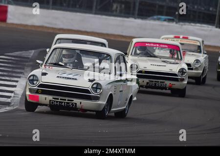 Ollie Streek, Mel Streek, Ford Lotus Cortina, Adrian Flux Trophy für Transatlantic Pre ’66 Touring Cars, vorwiegend V8 Americana vs. UK Races Stockfoto