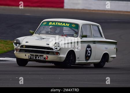 Richard Bateman, Stephen Upsdell, Ford Lotus Cortina, Adrian Flux Trophy für Transatlantic Pre ’66 Touring Cars, vorwiegend V8 Americana gegen Großbritannien Stockfoto