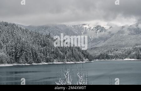 Der Capilano Lake im Capilano River Regional Park in North Vancouver, British Columbia, Kanada, ist von einer wunderschönen verschneiten Winterlandschaft umgeben Stockfoto