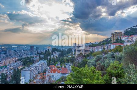 Herrliche Natur in den Bahai Gärten in Haifa und Bab Kuppel des Bahai Tempels : Seitenansicht mit kühlen Hängen auf dem Berg Carmel mit Häusern und Bäumen. Nach links Stockfoto