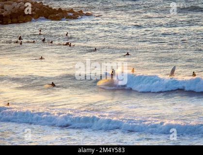 28-12-2014 Tel Aviv Israel. Surfer reiten auf der Welle, andere Surfer bereiten sich auf die nächsten Wellen vor - bald Sonnenuntergang in Tel Aviv Stockfoto