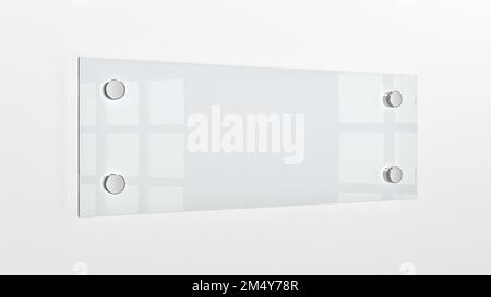 Nahaufnahme des an der Wand angebrachten Typenschilds aus Blankglas. 3D Abbildung. Stockfoto