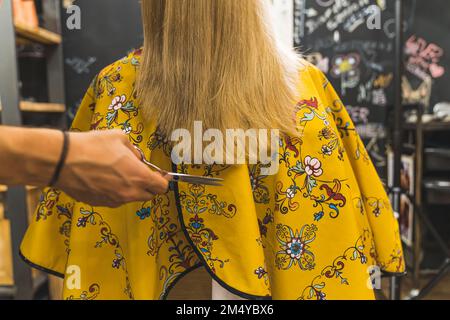 Haare schneiden. Friseur mit professioneller Schere schneidet Haarspitzen seines blonden Klienten. Ein unbekannter Kunde mit langen Haaren, der unter einem gelb gemusterten Umhang sitzt. Hochwertiges Foto Stockfoto