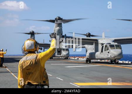 PAZIFIK (3. DEZEMBER 2022) – USA Marine-Matrosen, die der USS Makin Island (LHD 8) zugewiesen sind, direkte MV-22B Osprey-Piloten mit Marine Medium Tiltrotor Squadron (VMM) 362 (rein.), 13. Marine Expeditionary Unit, an Bord des Amphibienschiffs USS Makin Island (LHD 8), Dezember 3. Durch die Synchronisierung der Fähigkeiten des Marine-Marine-Corps-Teams wird der traditionelle Einfluss der Seemacht durch die Projektion der Landekräfte an Land vervielfacht. Die 13. Marine Expeditionary Unit wird auf die Makin Island Amphibious Ready Group aufgeladen, die aus dem Amphibienschiff USS Makin Island (LHD 8) und einem Amphibiendock besteht Stockfoto