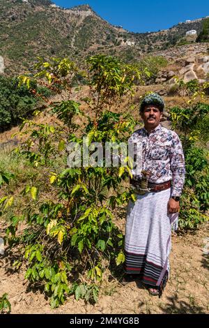 Traditionell gekleideter Mann des Qahtani-Blumenstammes in den Kaffeepflanzen, Asir-Bergen, Königreich Saudi-Arabien Stockfoto