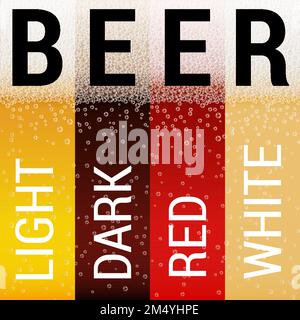 Set mit vier realistischen Licht-, Dunkel-, Rot- und Weißbieren mit Schaumstoff. Nahtlose Muster für Vorlagendekoration und Abdeckung Stock Vektor