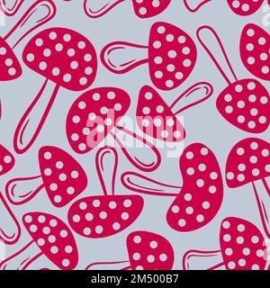 Handgezeichnetes nahtloses Muster mit roten Amanita-Pilzen auf grauem Hintergrund. Viva Magenta 2023 Farbe in Waldholz Waldpilze Fliegenfliege agarisches Design. Toxische Giftpilzmuster Saison Stockfoto