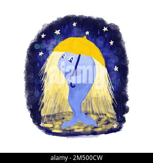 Handgezeichnete Illustration eines süßen Blauwals mit gelbem Regenschirm in nächtlichen Regensternen. Lustige Zeichentrickfigur für Kinder Karten Poster Gruß, Kawaii Happy Print zur Dekoration des Kinderzimmers Stockfoto