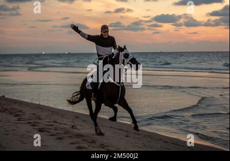 Gaza, Palästina. 24. Dezember 2022. Ein Palästinenser reitet sein Pferd am Ufer des Mittelmeers in Gaza City. (Foto: Yousef Masoud/SOPA Images/Sipa USA) Guthaben: SIPA USA/Alamy Live News Stockfoto