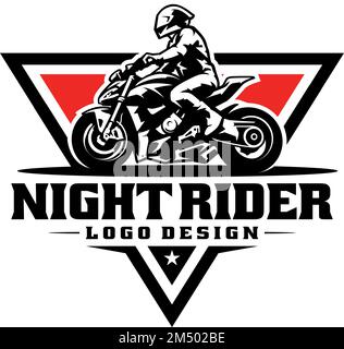 Ein wunderschönes Logo eines Motorradrennfahrers im dreieckigen Hintergrund mit dem Schriftzug „Night Rider“ Stock Vektor