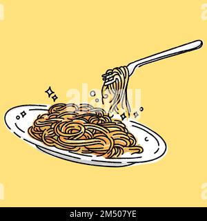 Von Hand gezeichnete Vektordarstellung einer Spaghetti-Schüssel im Konturstil isoliert auf weißem Hintergrund Stock Vektor