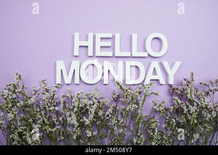 Hallo-Montag-Buchstaben mit Blumenrahmen auf lila Hintergrund Stockfoto