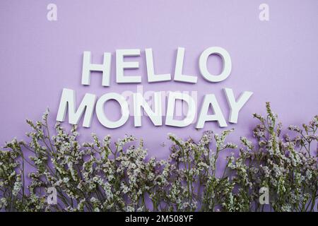 Hallo-Montag-Buchstaben mit Blumenrahmen auf lila Hintergrund Stockfoto