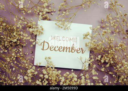 Begrüßungstext Dezember auf Papierkarte mit Blumendekoration auf lila Hintergrund Stockfoto