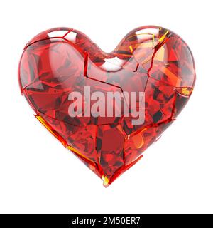 Rot glänzendes Herz mit Rissen auf weißem Hintergrund. 3D-Rendering. Stockfoto