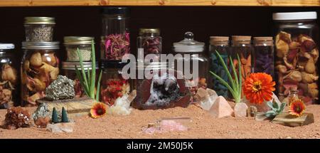 Chakra-Steine mit Aloe Vera-Pflanzen und Räucherkegel auf australischem roten Sand Stockfoto