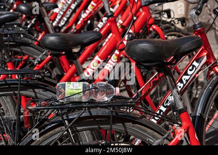 Fahrrad-Sharing-System, Dockingstation. Rote Fahrräder verschlossen, hintereinander geparkt. Nachhaltiger umweltfreundlicher Verkehr. Rom, Italien, Europa, EU. Nahaufnahme Stockfoto