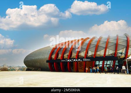 10. September 2022, Brasilien. Teilansicht des Eingangs zum Bioparque Pantanal (Pantanal Aquarium) in Campo Grande, Mato Grosso do Sul. Es ist der Stockfoto