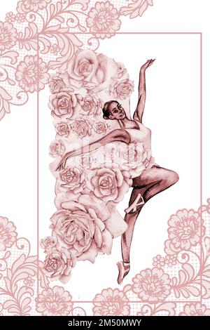 Handgezogene Karte in Aquarellfarben, Tanzballerina mit Blume und Spitze. Pink hübsche Ballerina. Handgezeichnete Aquarell-Illustration. Stockfoto