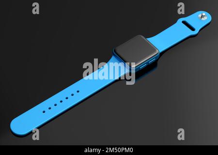Edelstahluhr mit blauem Lederarmband isoliert auf schwarzem Hintergrund. 3D-Rendering-Konzept von Wearable Device Health und Fitness Tracker Stockfoto