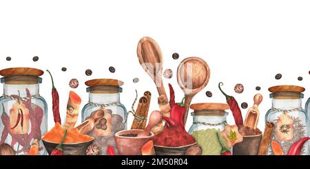 Handgezeichnete, wässrige Umrandung mit Gewürzen und Küchenutensilien: Paprika, Chili, Kurkuma, Kardamom, Muskatnuss und Anis. Stockfoto