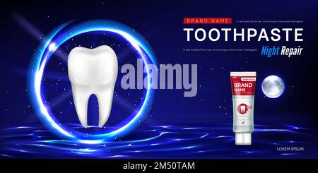 Zahnpastatube und Zahn in der glühenden Kugel auf der Wasseroberfläche im Hintergrund des Nachthimmels. Vector-realistisches Markenposter mit Produkt für Zahnpflege, Nachtreparatur. Werbebanner, Werbehintergrund Stock Vektor