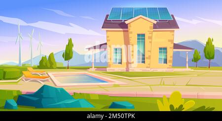 Haus mit Solarpaneelen und Windmühlen. Umweltfreundliches Haus, modernes Gebäude in Naturlandschaft mit Bäumen und Swimmingpool. Grüne erneuerbare Energie, organische Architektur, Cartoon-Vektordarstellung Stock Vektor