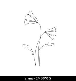 Strichblumenkunst. Ein dekorativer Blumenzauber mit durchgehender Linienzeichnung. Bearbeitbares einzelnes Element für Kontur. Darstellung isolierter Vektoren Stock Vektor