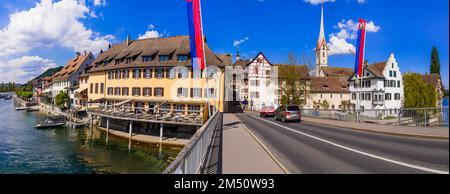 Panoramablick auf die schöne Altstadt Stein am Rhein in der Schweiz Grenze zu Deutschland. Beliebtes Touristenziel Stockfoto