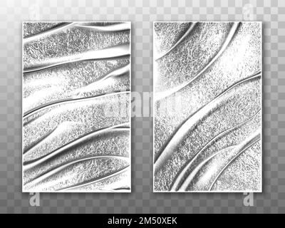Folienfolien, silberne Stretchfolie zum Einwickeln von Lebensmitteln und Schutzverpackungen. Vektorrealistisches Modell einer zerknitterten Aliminumfolie mit rauer Oberflächenstruktur und isolierten Falten auf transparentem Hintergrund Stock Vektor