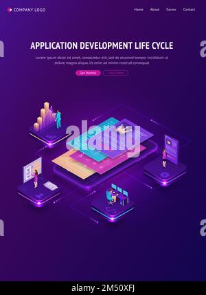 Banner für den Lebenszyklus der Anwendungsentwicklung. Prozessphasen des Projektmanagements. Vektor-Infografik des Software-Entwicklungslebenszyklus mit isometrischer Darstellung von Smartphone und Arbeitern Stock Vektor