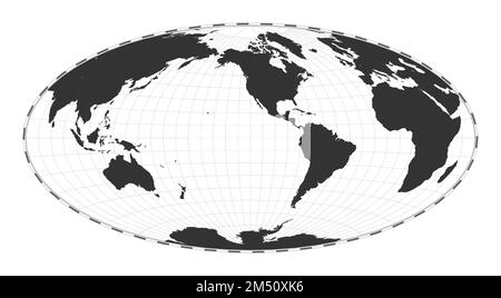 Vector-Weltkarte. Aitoff-Projektion. Geografische Karte mit Breiten- und Längengraden. Zentriert auf 120deg E-Längengrad. Vector Illustrati Stock Vektor