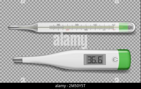 Realistische Thermometer, Elektronik- und Quecksilberglasgeräte mit normaler, gesunder Temperatur, Draufsicht. Medizinische Geräte, Werkzeug für Körperwärmemessung isolierte Designelemente, 3D-Vektordarstellung Stock Vektor