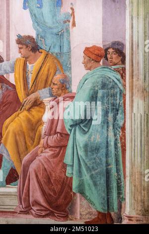 Detail der „Kreuzigung des Petersdoms“ von Filippino Lippi mit seinem Selbstporträt in der Brancacci-Kapelle, Kirche Santa Maria del Carmine, Florenz Stockfoto