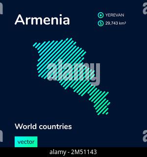 Vector kreative digitale Neonkunst abstrakte einfache Karte von Armenien mit grüner, mintgrüner, türkisfarbener Streifenstruktur auf dunkelblauem Hintergrund. Bildungswesen Stock Vektor