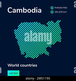 Kreative digitale Neonkunst abstrakte, einfache Karte von Kambodscha mit grüner, mintgrüner, türkisfarbener Streifenstruktur auf dunkelblauem Hintergrund. Bildung Stock Vektor