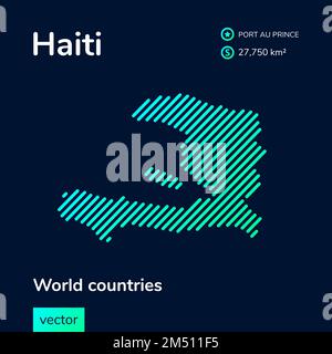 Kreative digitale Neonkunst abstrakte, einfache Karte von Haiti mit grüner, mintgrüner, türkisfarbener Streifenstruktur auf dunkelblauem Hintergrund. Bildung Stock Vektor