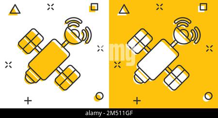 Satellitensymbol im Comic-Stil. Sputnik-Cartoon-Vektordarstellung auf weißem isoliertem Hintergrund. Weltraumtransport-Splash-Effekt-Zeichen-Geschäftskonzept. Stock Vektor