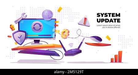 Banner für Systemaktualisierungen, Installationsvorgang für Computersoftware, Verbesserung, Änderung der neuen Version, Aktualisierungsprogramm. Datennetzwerkinstallation, Desktop mit Schraubenschlüssel, Abschirmung, Router, Cartoon-Vektorposter-Vorlage Stock Vektor