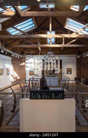 Biscuit Factory,Gebäude,Kunst,Künstler,Galerie,Galerien,Weltraum,Ouseburn,Newcastle upon Tyne,Simply,Newcastle, ist eine, Stadt, und, Metropolregion, In, Tyne und Wear, England. Die Stadt befindet sich am Fluss Tyne, nördliches Ufer, und bildet den größten Teil des bebauten Gebiets von Tyneside. Newcastle ist auch die bevölkerungsreichste Stadt Nordostenglands. Nordosten, England, Englisch, GB, Großbritannien, Großbritannien, Großbritannien, Großbritannien, Großbritannien, Europa, Europa, 2-stöckige Kunst- und Handwerksgalerie in einem großen, ehemaligen Lagerhaus mit freiliegenden Ziegeln und freigelegten Böden Stockfoto