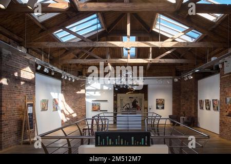 Biscuit Factory,Gebäude,Kunst,Künstler,Galerie,Galerien,Weltraum,Ouseburn,Newcastle upon Tyne,Simply,Newcastle, ist eine, Stadt, und, Metropolregion, In, Tyne und Wear, England. Die Stadt befindet sich am Fluss Tyne, nördliches Ufer, und bildet den größten Teil des bebauten Gebiets von Tyneside. Newcastle ist auch die bevölkerungsreichste Stadt Nordostenglands. Nordosten, England, Englisch, GB, Großbritannien, Großbritannien, Großbritannien, Großbritannien, Großbritannien, Europa, Europa, 2-stöckige Kunst- und Handwerksgalerie in einem großen, ehemaligen Lagerhaus mit freiliegenden Ziegeln und freigelegten Böden Stockfoto