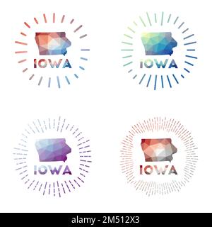 Iowa Low Poly Sunburst Set. Logo des US-Bundesstaates im geometrischen polygonalen Stil. Vektorabbildung. Stock Vektor