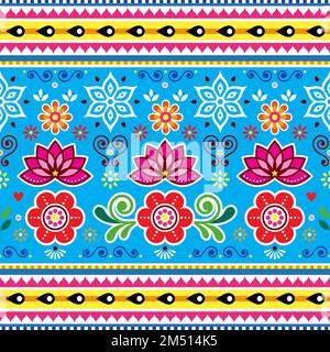 Pakistanisches und indisches nahtloses Vektormuster mit Lotusblüten, Klingeltruck-Kunstdesign in Blau, Rot, Pink und Gelb Stock Vektor